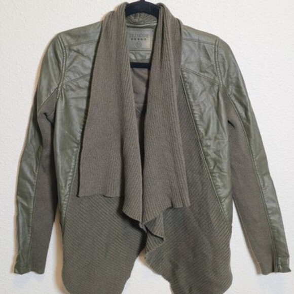 Blank NYC Jackets & Blazers - BLANKNYC Olive Green Faux Leather Knit Draped Open Front Moto Jacket XS